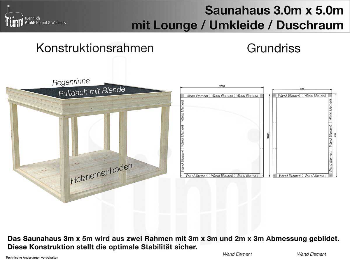 Fundamentplan Saunahaus 3m x 5m mit Lounge, Umkleideraum und Duschraum